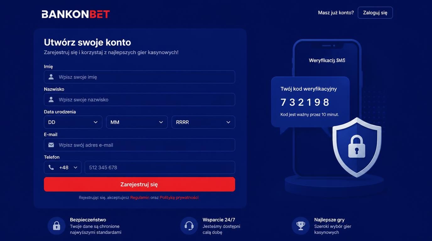 formularz rejestracyjny kasyna z elementami bezpieczeństwa i potwierdzenia SMS