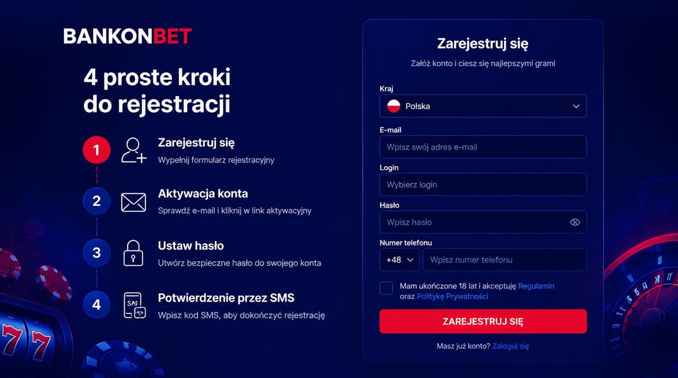 kroki rejestracji w kasynie online przedstawione graficznie numerami i formularz z Polską