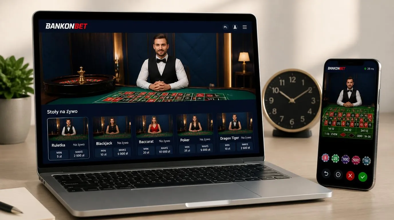 Lobby kasyna live na laptopie i telefonie z podglądem krupiera oraz limitami zakładów