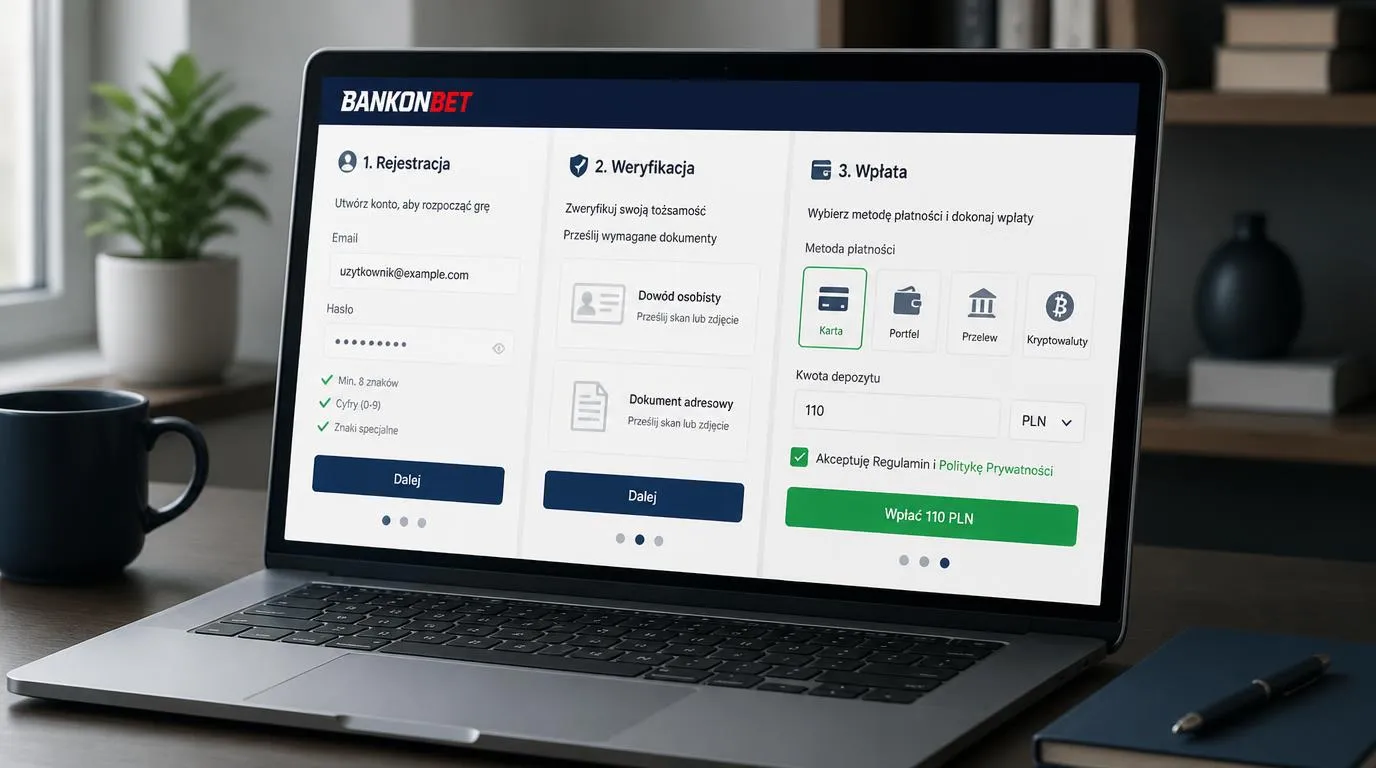 Panel kasyna na laptopie z terminem wypłaty 1-3 dni, wpłatą 110 PLN i kafelkami gier