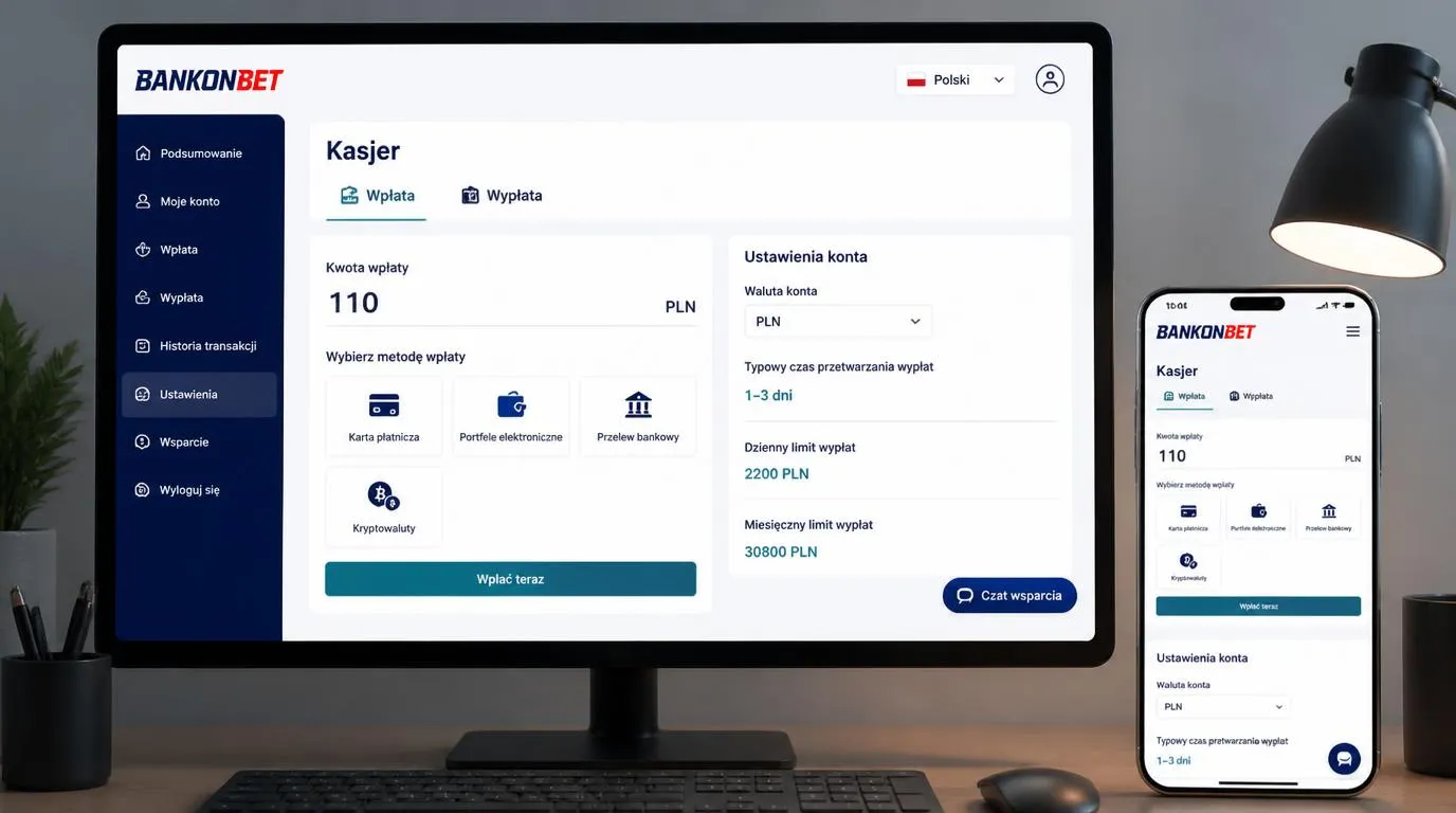 Panel kasy w języku polskim z saldem PLN, metodami płatności oraz dziennym i miesięcznym limitem wypłat